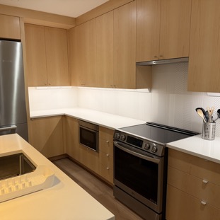 Kitchen area and island.